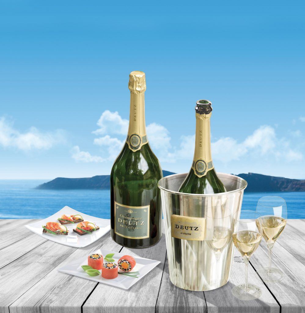 render of a wooden table with the ocean in the background