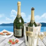 render of a wooden table with the ocean in the background